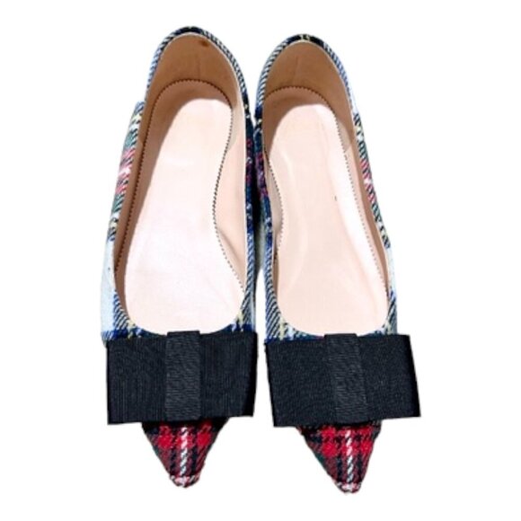 J.Crew - Cream & Multicolored Plaid Pointed Toe Flats W/ Bow - Picture 1 of 7